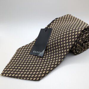 Vintage New Unused Gucci Neck Tie Brown Gold GG Check 100% Silk Made in Italy